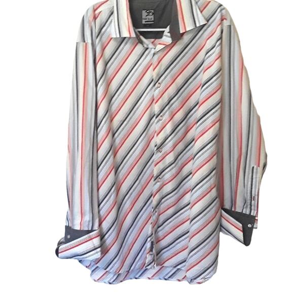 Mens Sz 3X Stripe Button Up  Solid Gray Contrast Cuffs Raw Blue Shirt - Picture 1 of 8